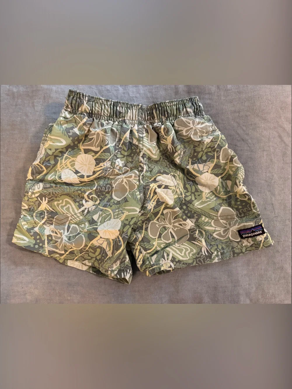 Patagonia Olive and Cream Tropical Print Swim Shorts